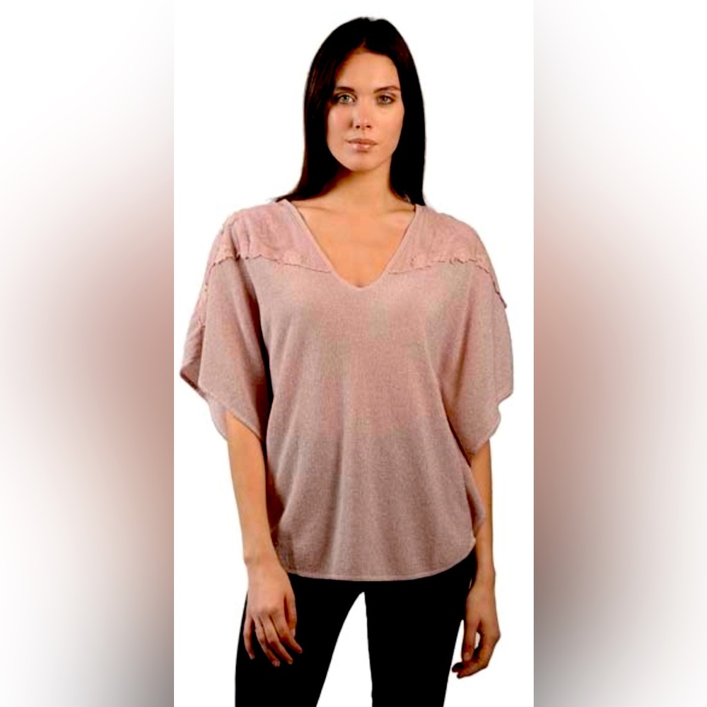 ROSE COLORED SWEATER WITH SHOULDER LACE INSET